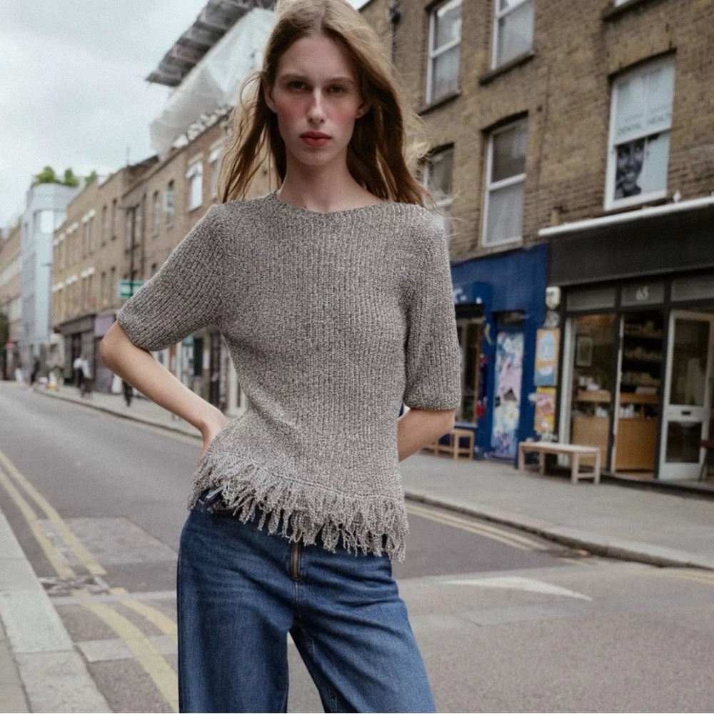 Zara Fringed Knit Short Sleeve Sweater - Brown/Ecru